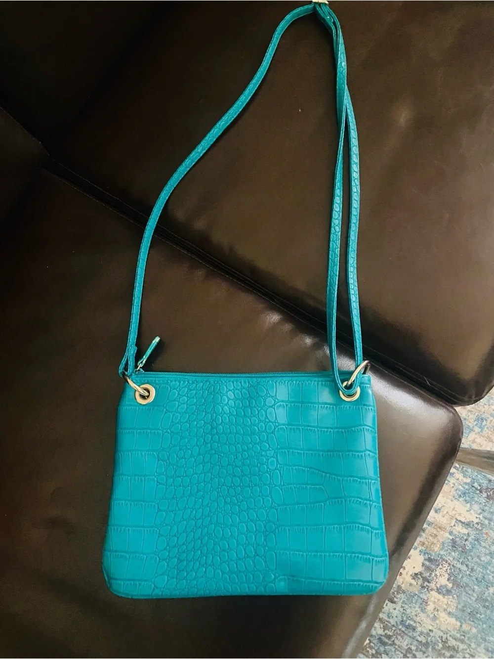 Turquoise Croc-Embossed Crossbody Shoulder Bag